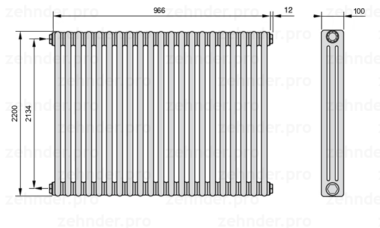 Схема (чертеж) Радиатор Zehnder Charleston 3220/21 №1270 Белый глянцевый RAL 9016